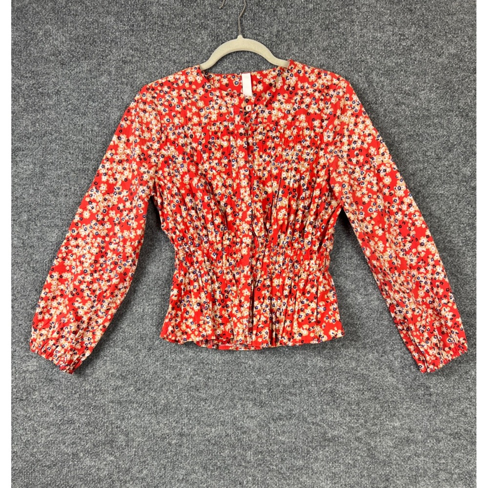 Merlette Womens Blouse Sz S Red Floral Smocked Peplum Long Sleeve‎ Top Chic